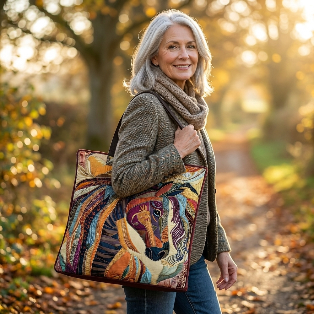 Woman holding Multicolored Mosaic Horse artisanal tote bag