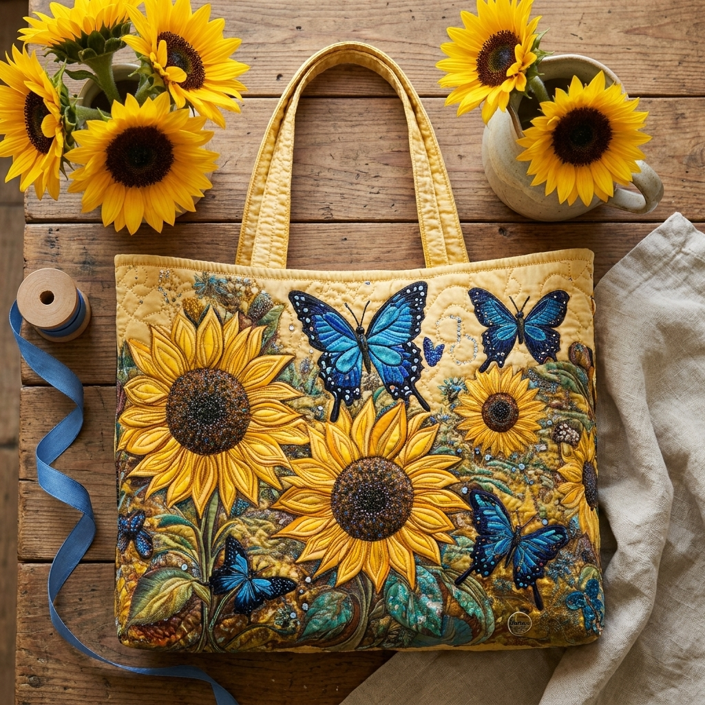 Sunflowers and Blue Butterflies artisanal tote bag flatlay