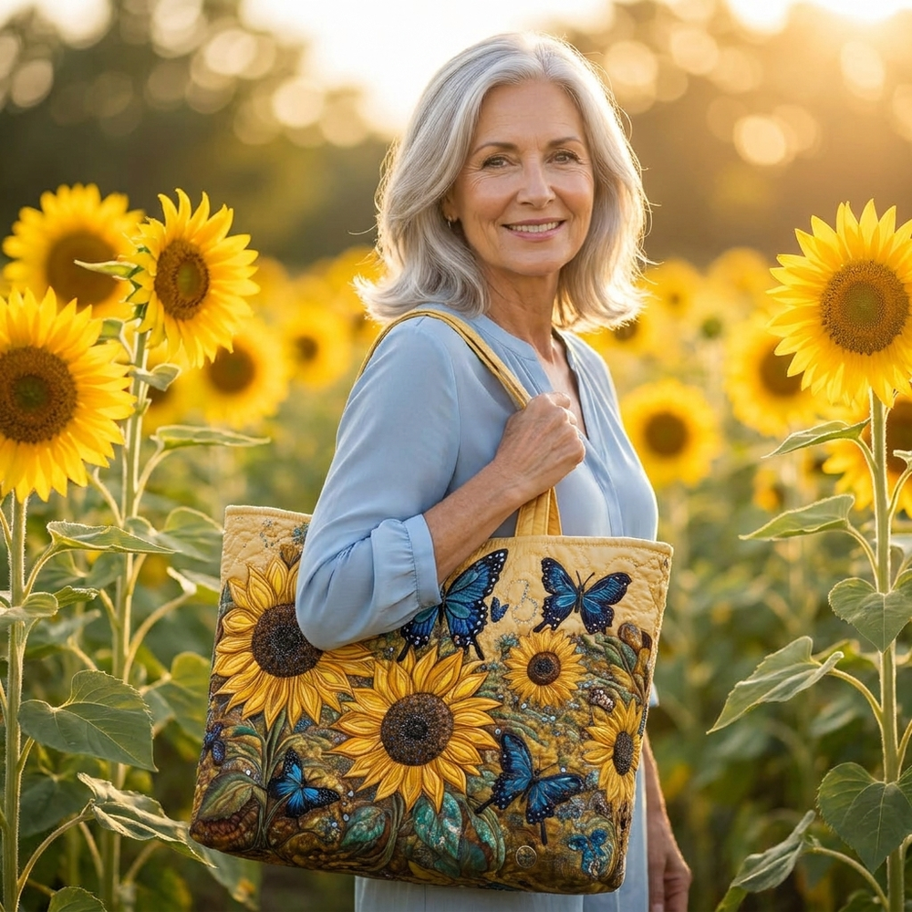 Woman holding Sunflowers and Blue Butterflies artisanal tote bag