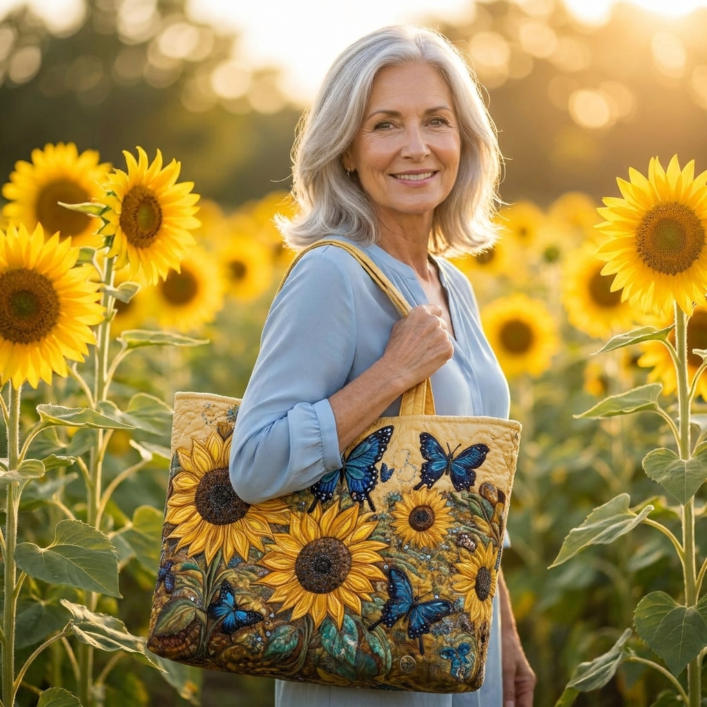 Woman holding Sunflowers and Blue Butterflies artisanal tote bag