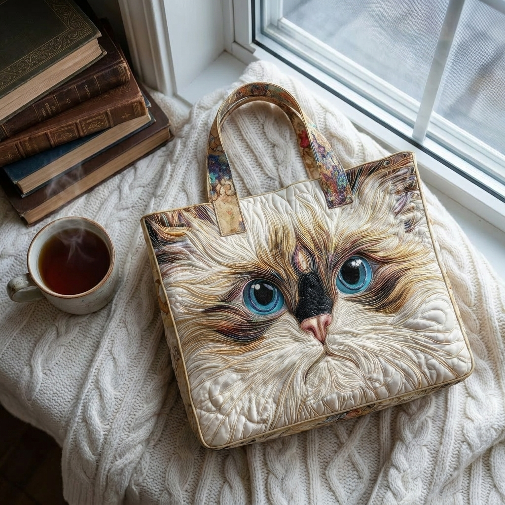 White Cat with Blue Eyes artisanal tote bag flatlay