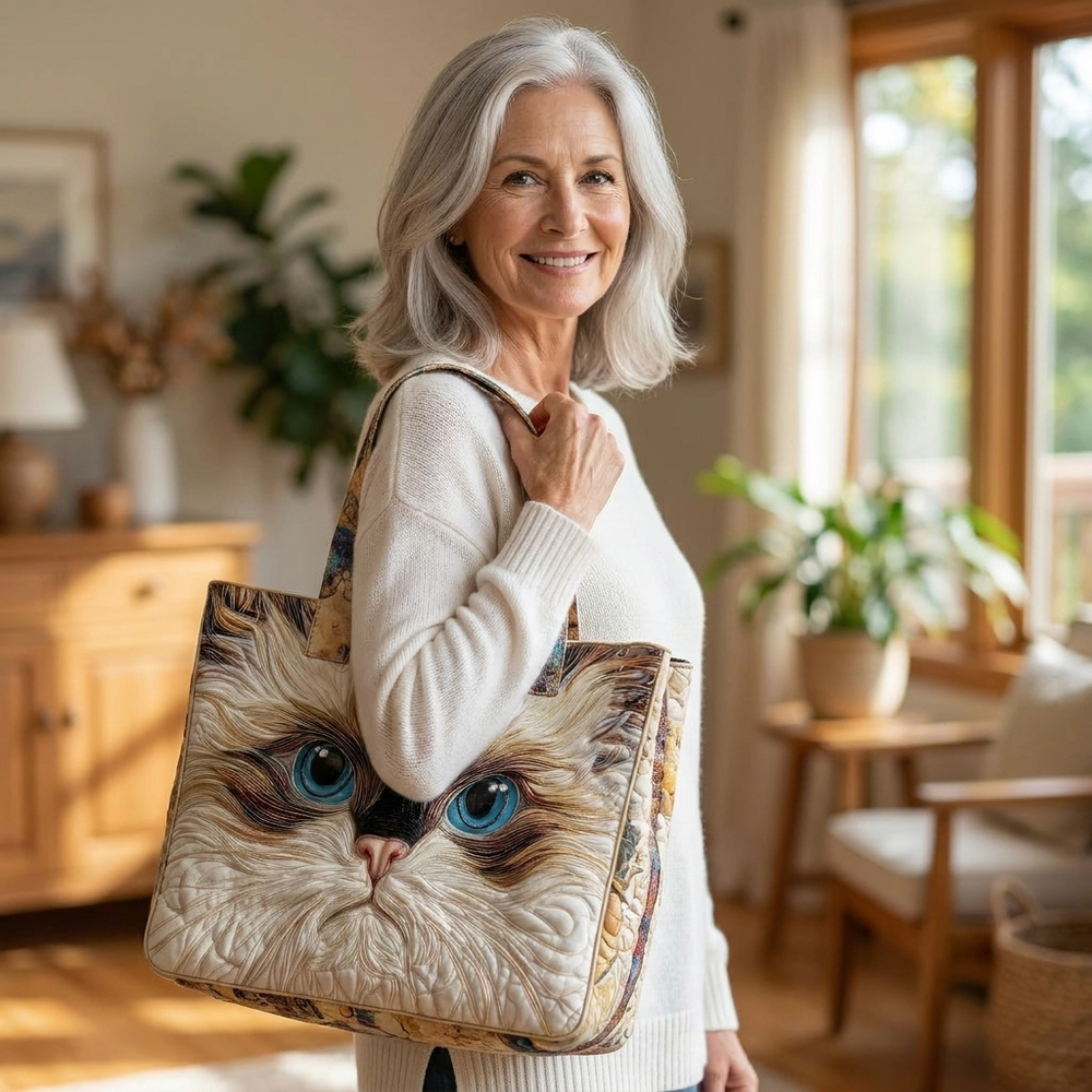 Woman holding White Cat with Blue Eyes artisanal tote bag