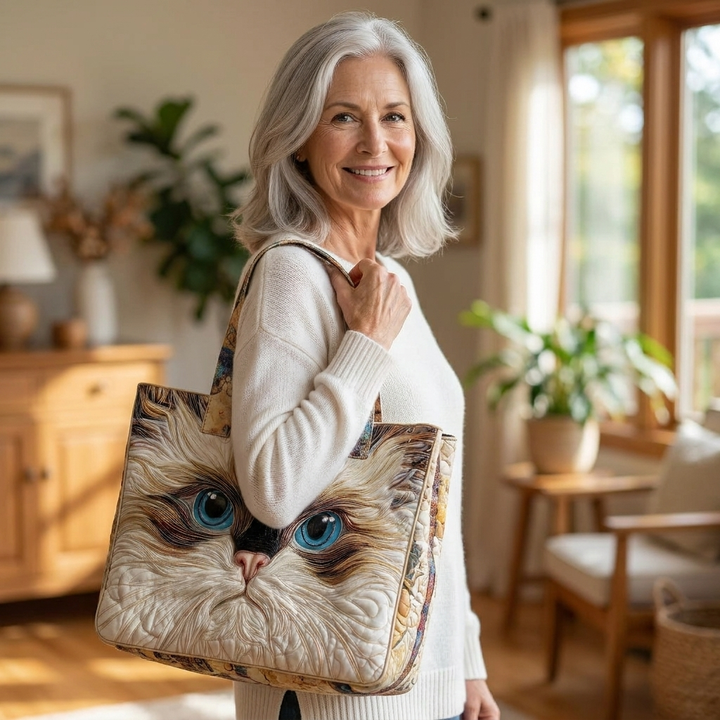 Woman holding White Cat with Blue Eyes artisanal tote bag