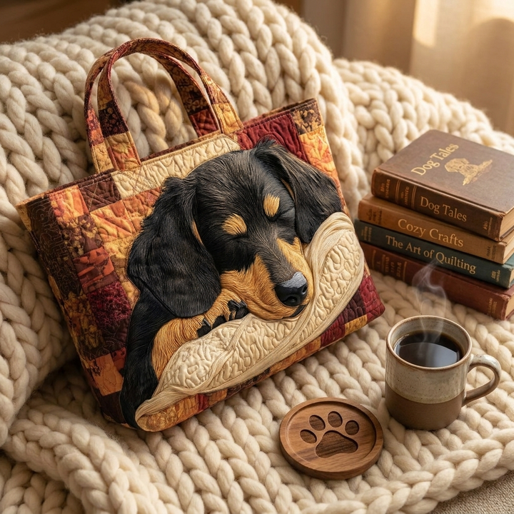 Dachshund artisanal tote bag flatlay