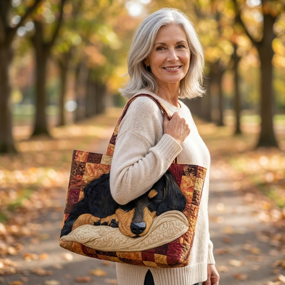 Woman holding Dachshund artisanal tote bag