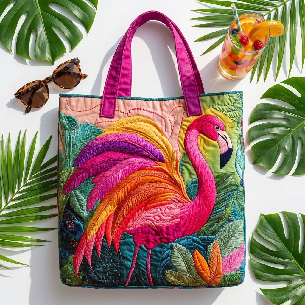 Rainbow Flamingo quilted tote bag flatlay