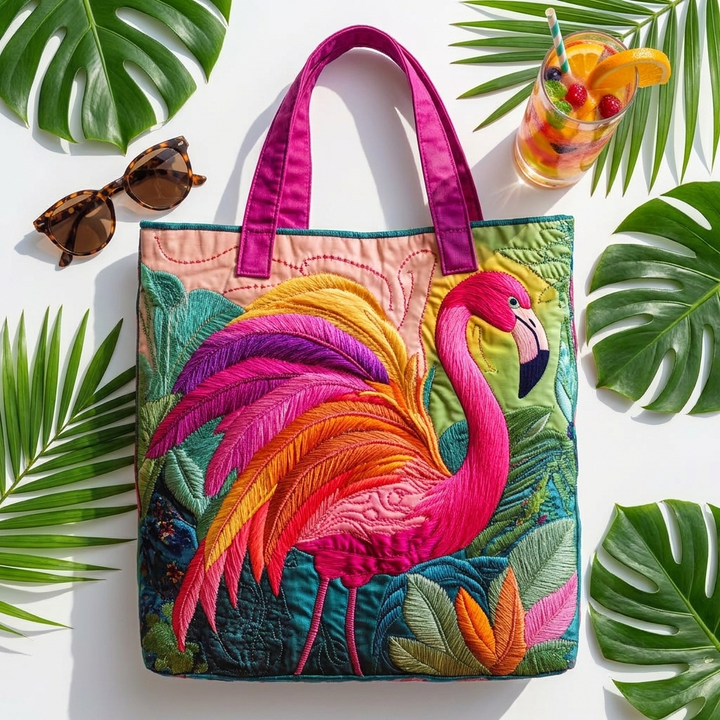 Rainbow Flamingo quilted tote bag flatlay