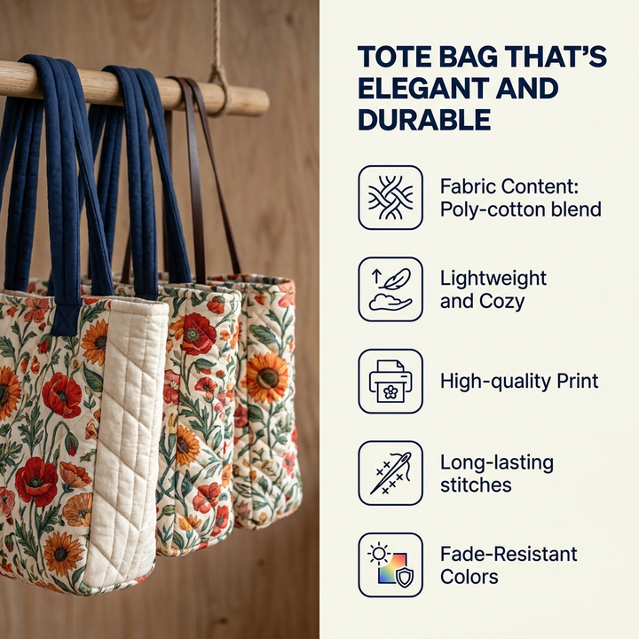 Floral Art Quilted Tote Bag - features