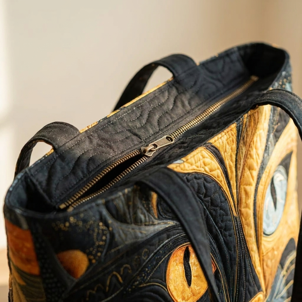 Close-up of quilted stitching and zipper - Mystic Cat tote bag
