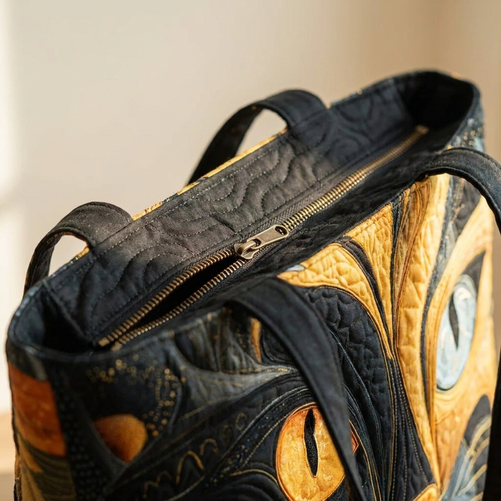 Close-up of quilted stitching and zipper - Mystic Cat tote bag