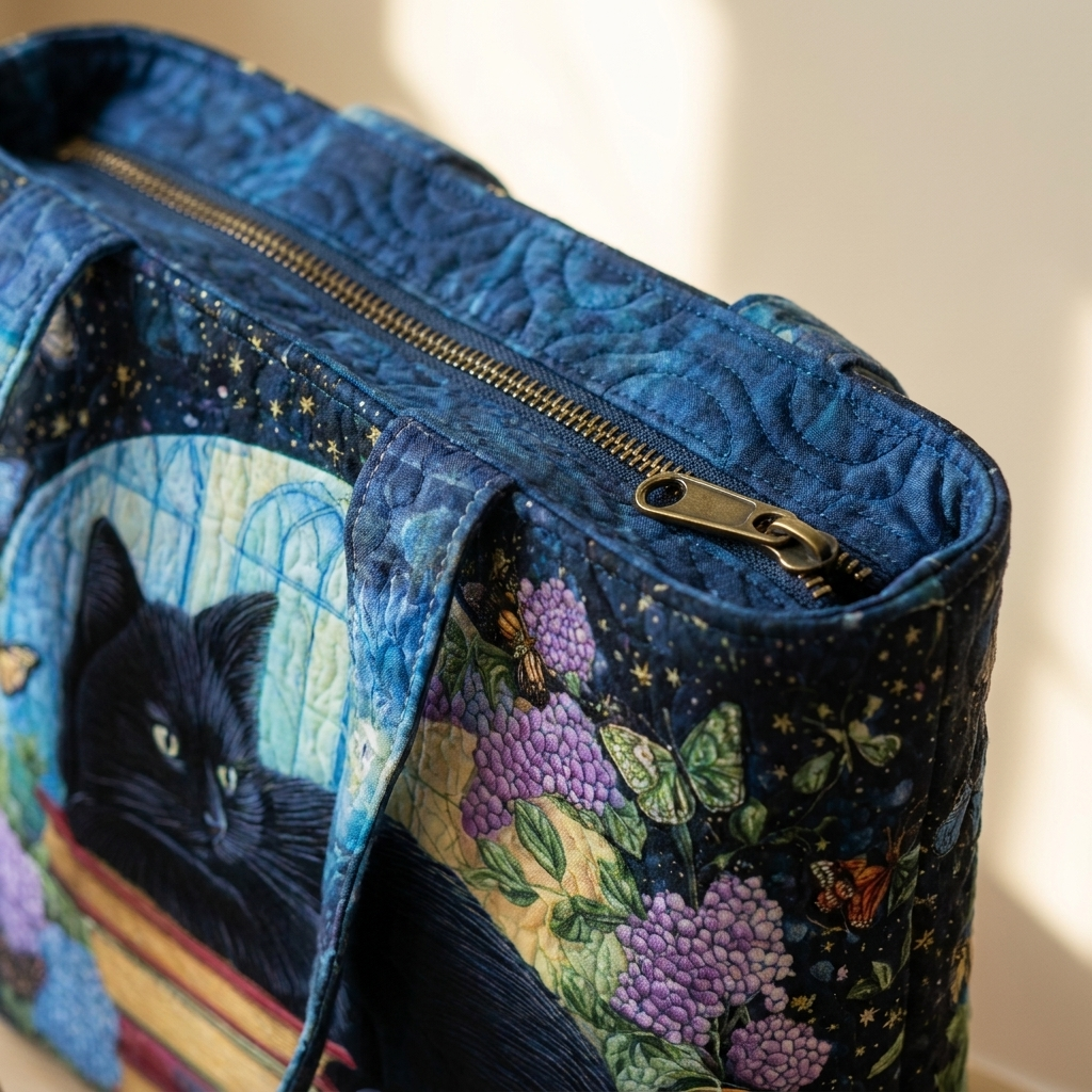 Close-up of quilted stitching and zipper - Black Cat on Books tote bag