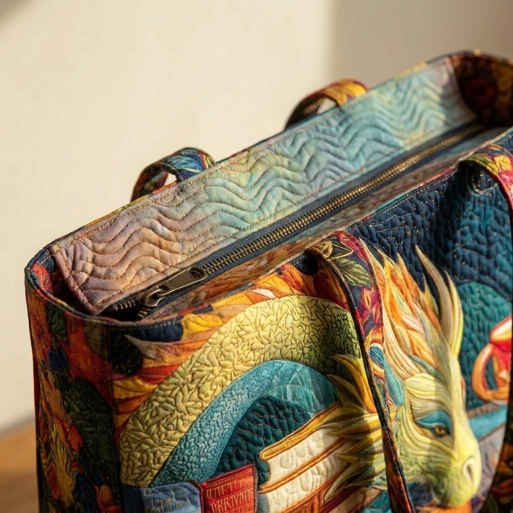Close-up of quilted stitching and zipper - Dragon Reader tote bag