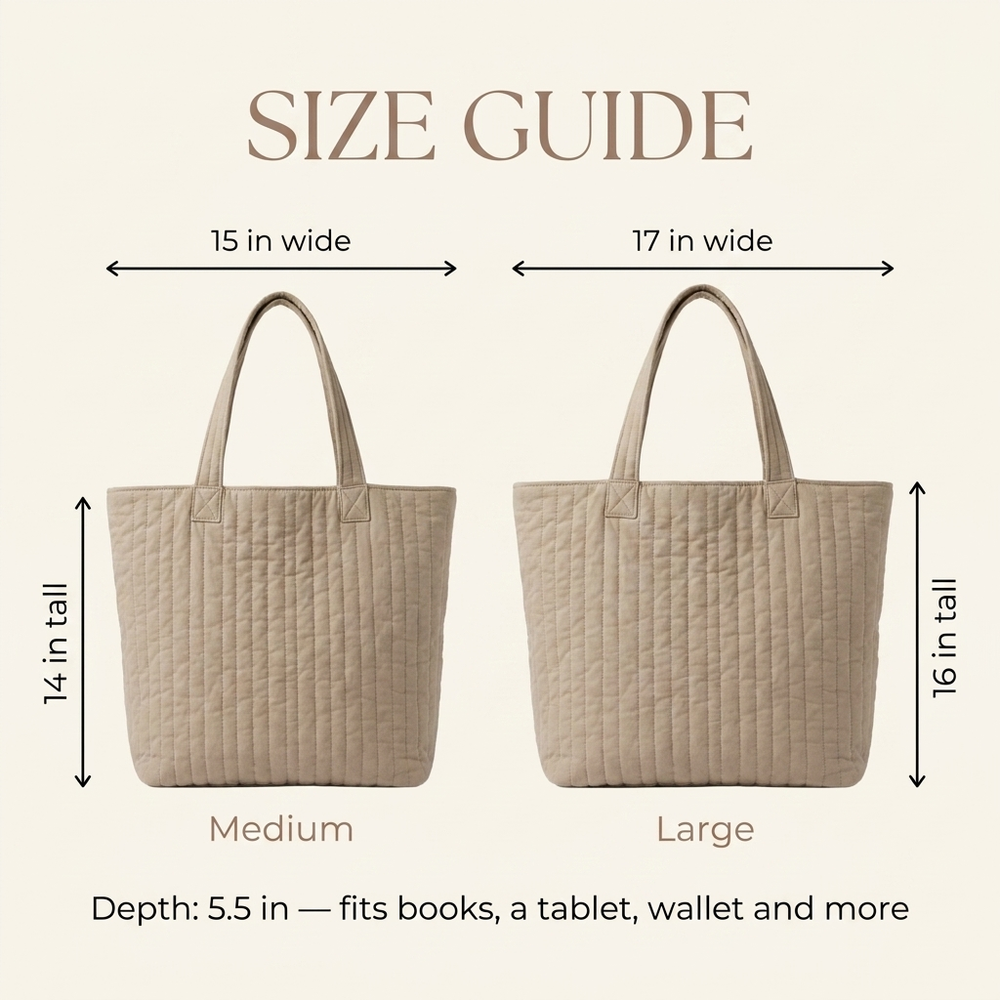 Size guide - Medium 15x14 in and Large 17x16 in tote bags