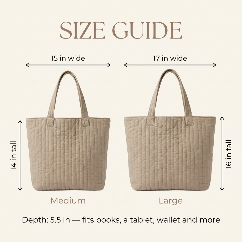 Size guide - Medium 15x14 in and Large 17x16 in tote bags