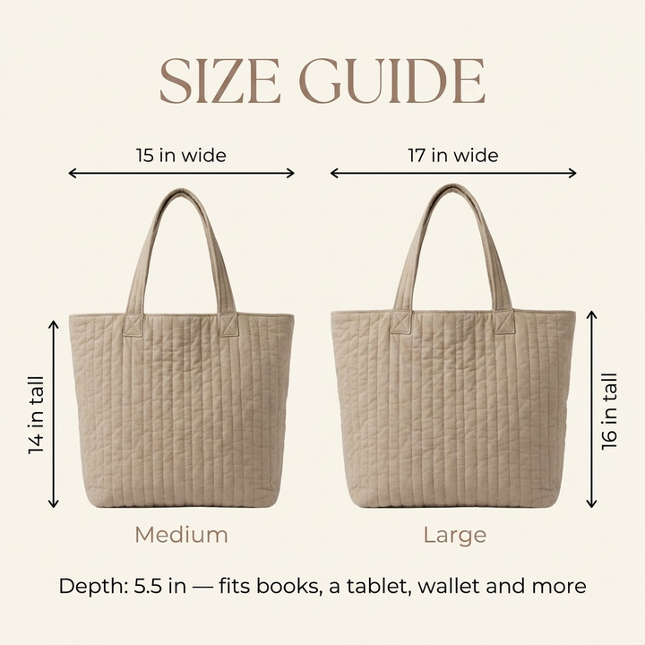 Size guide - Medium 15x14 in and Large 17x16 in tote bags