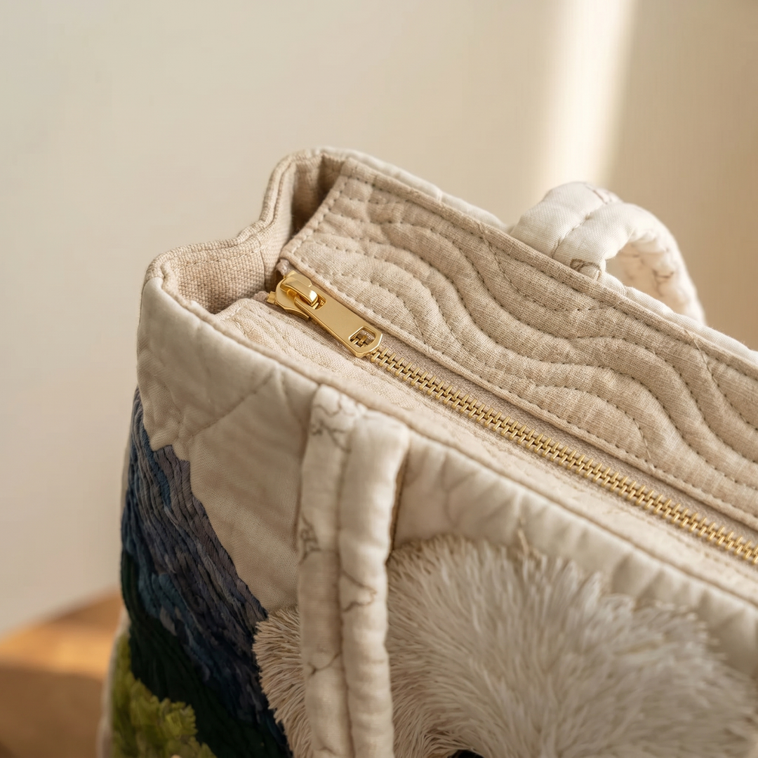 Close-up of quilted stitching and zipper