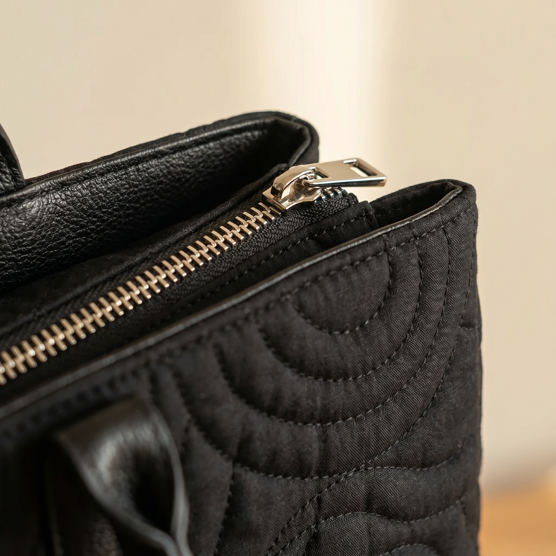 Close-up of quilted stitching and zipper