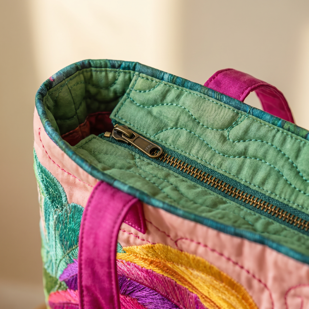 Close-up of quilted stitching and zipper