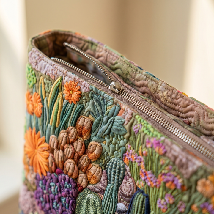 Close-up of quilted stitching and zipper