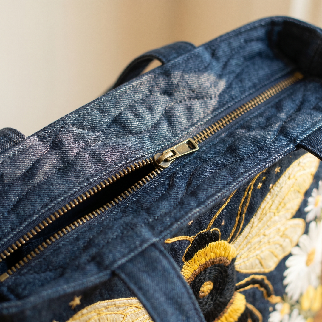 Close-up of quilted stitching and zipper