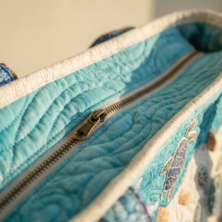 Close-up of quilted stitching and zipper