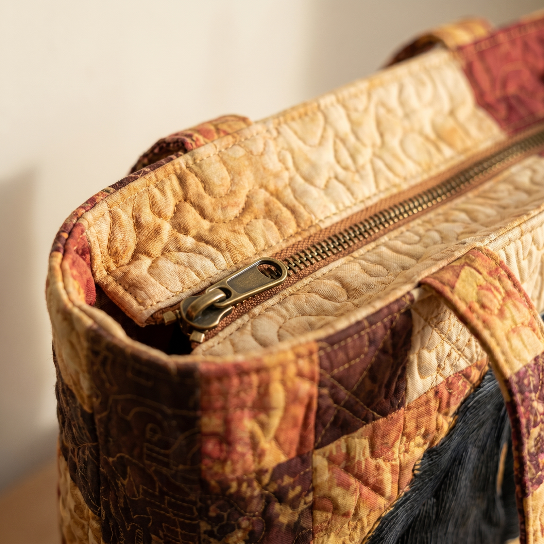 Close-up of quilted stitching and zipper