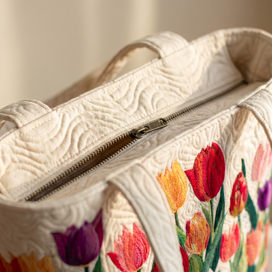 Close-up of quilted stitching and zipper