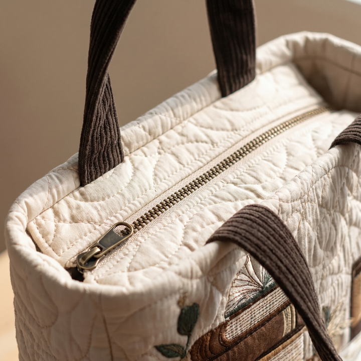 Close-up of quilted stitching and zipper