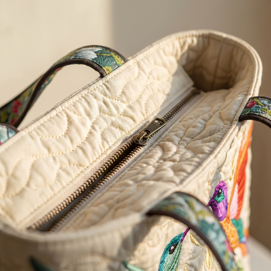 Close-up of quilted stitching and zipper