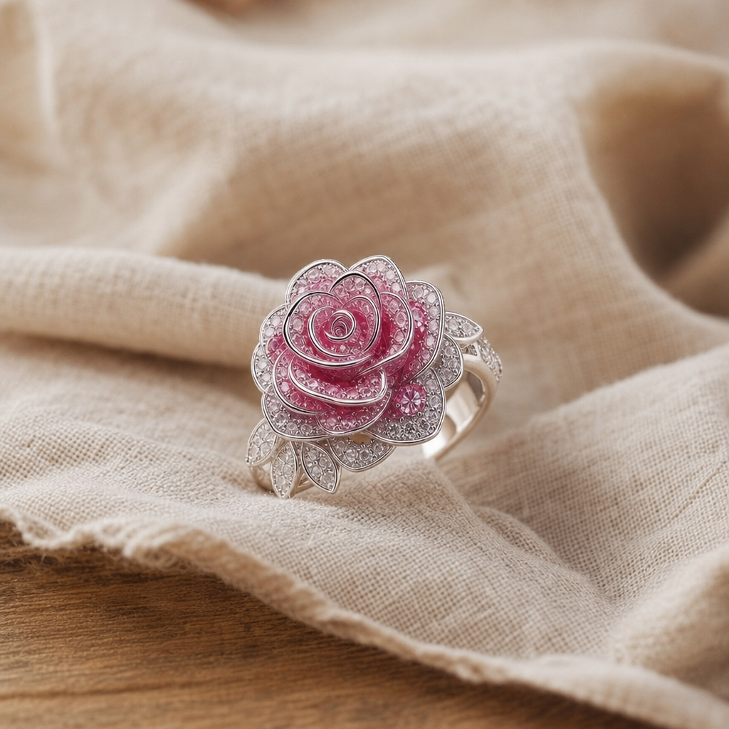 Exotic Silver-Plated Ring with Pink Flowers