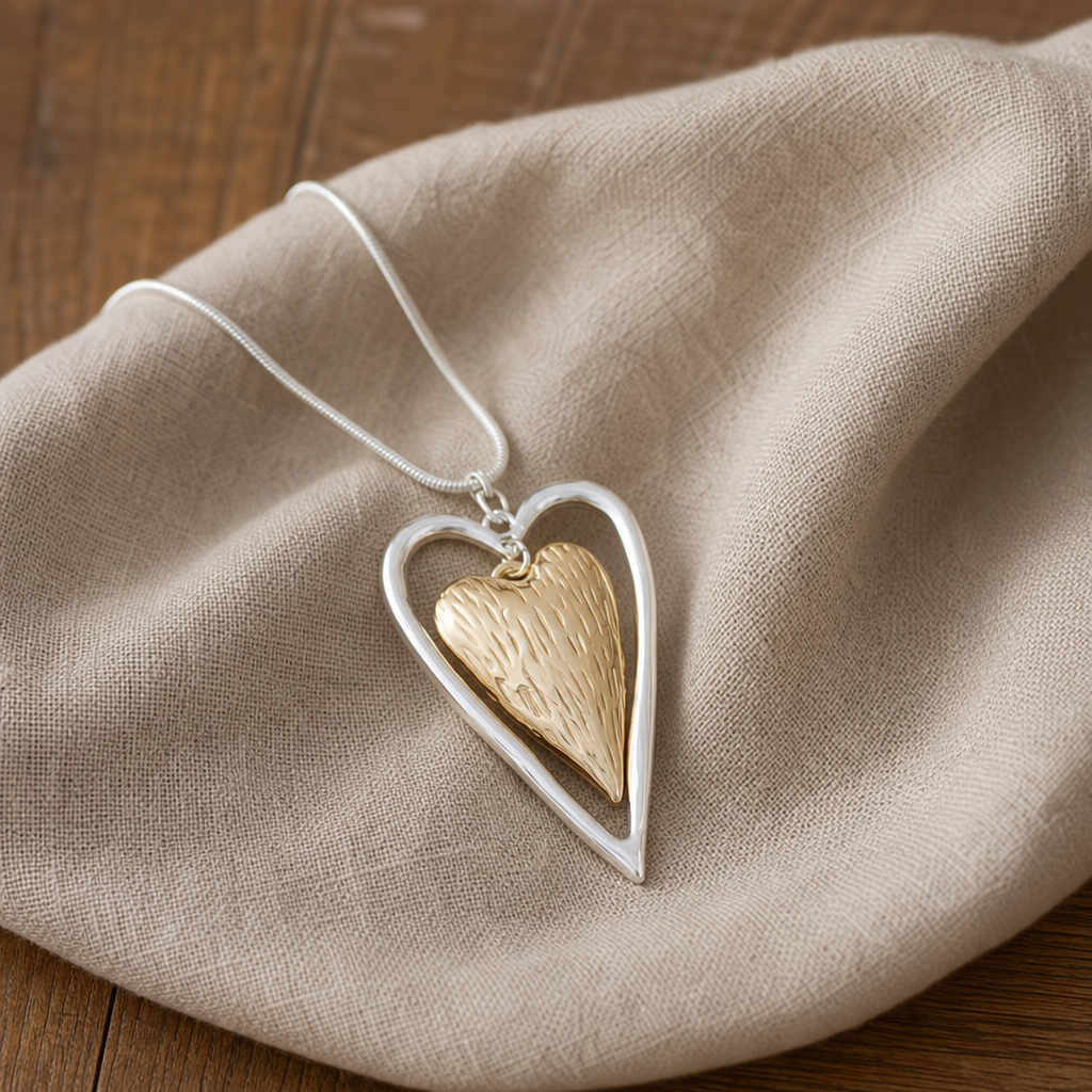 Vintage Silver & Matte Gold Heart Pendant Necklace