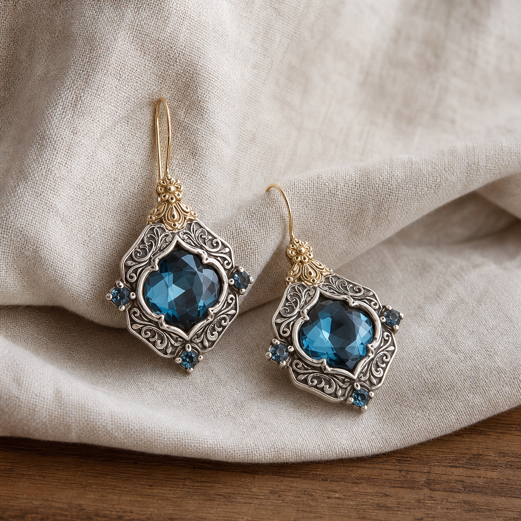 Vintage Blue Crystal Gold & Silver Earrings