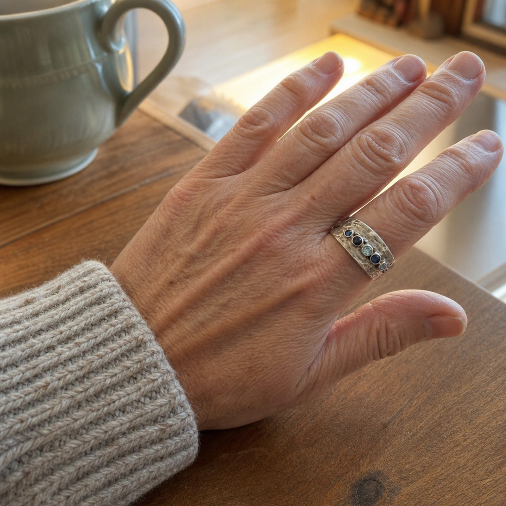 Blue Inlaid Stones Silvered Ring