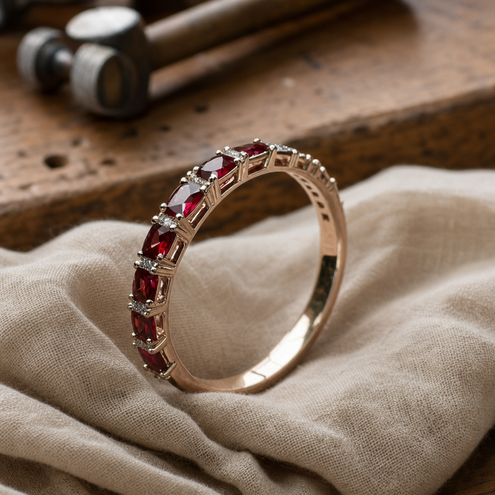 Gold ring with red crystal inlays
