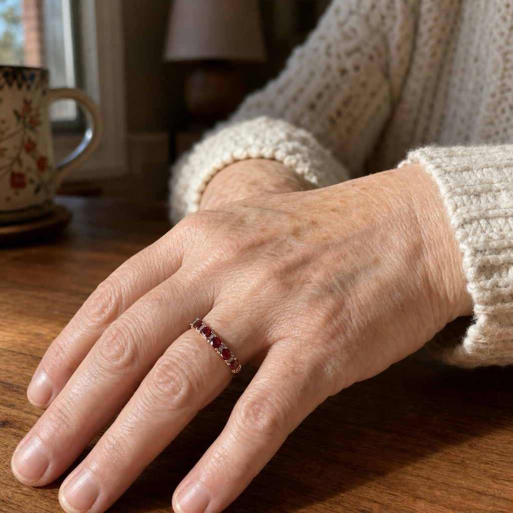 Gold ring with red crystal inlays