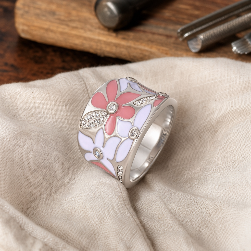 Vintage Pink Flower Silver Ring