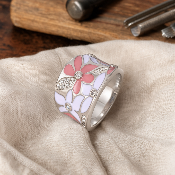 Vintage Pink Flower Silver Ring