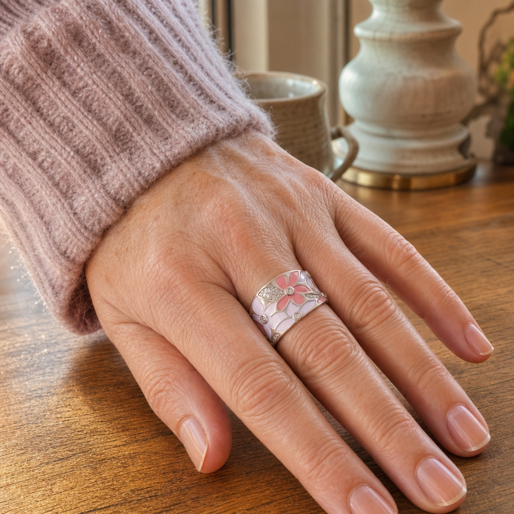 Vintage Pink Flower Silver Ring