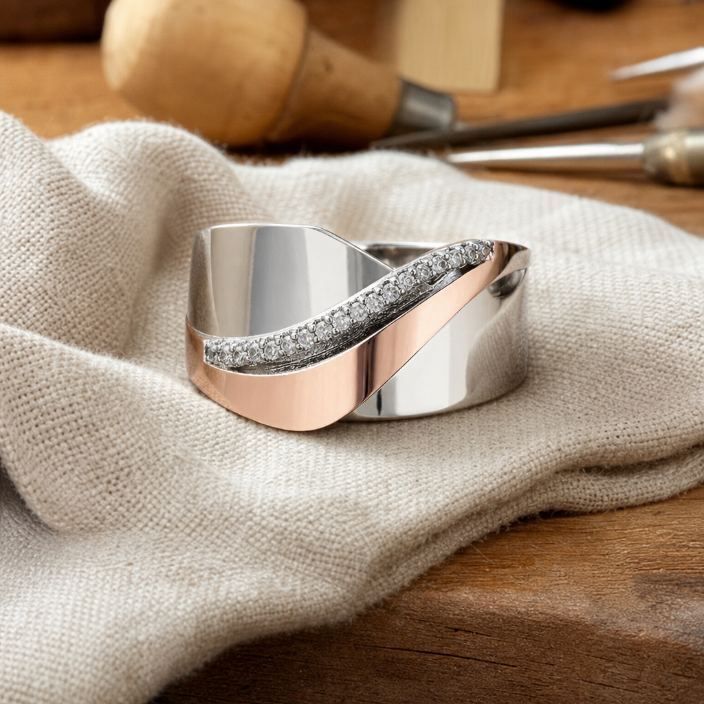 Vintage rose gold and silver ring with zirconia