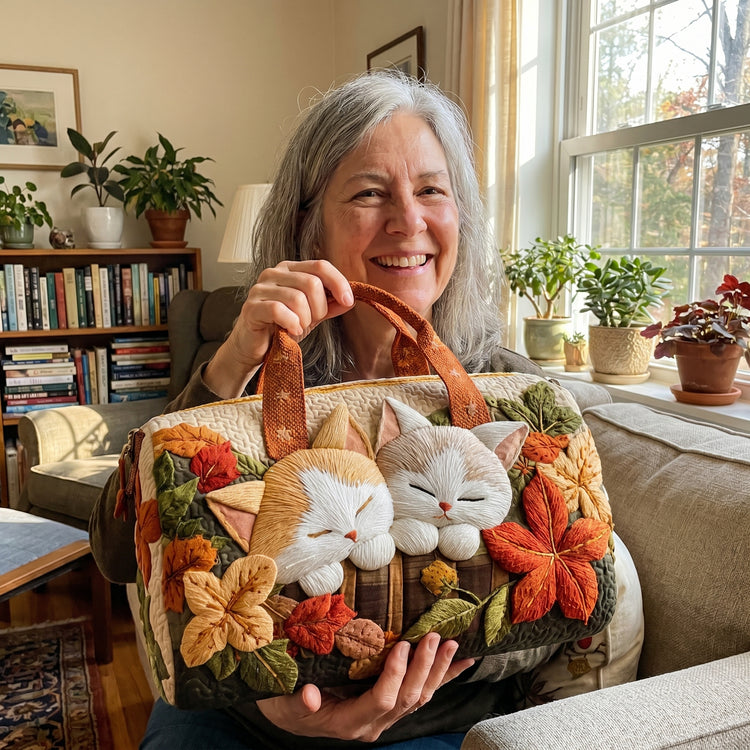 Verified customer with quilted duffel bag by window