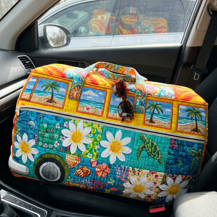 Quilted duffel bag on car passenger seat