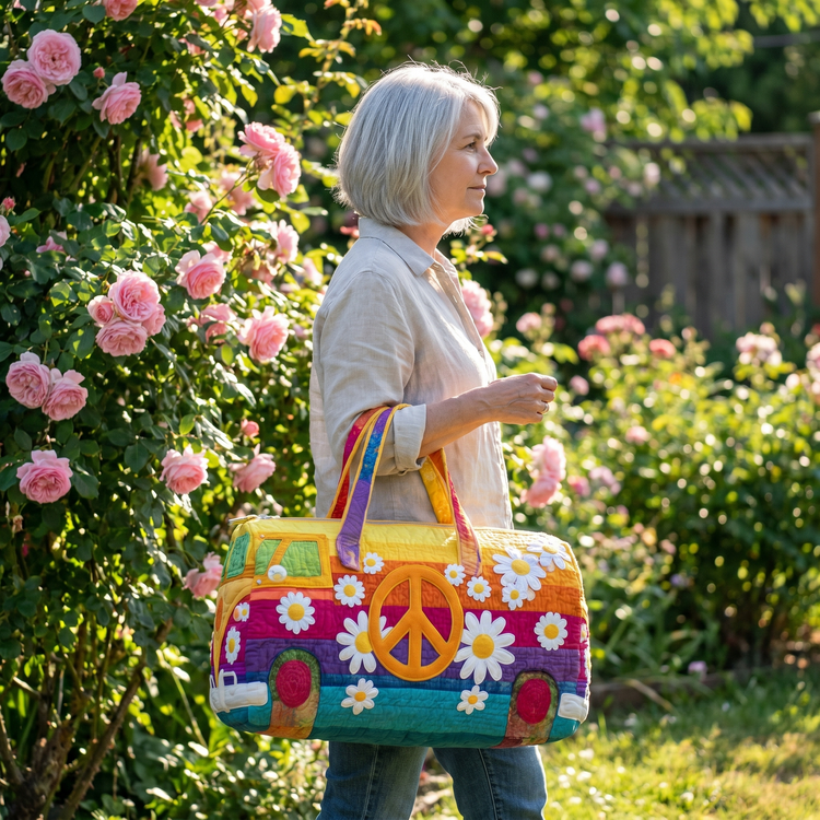 Customer carrying quilted duffel bag in garden