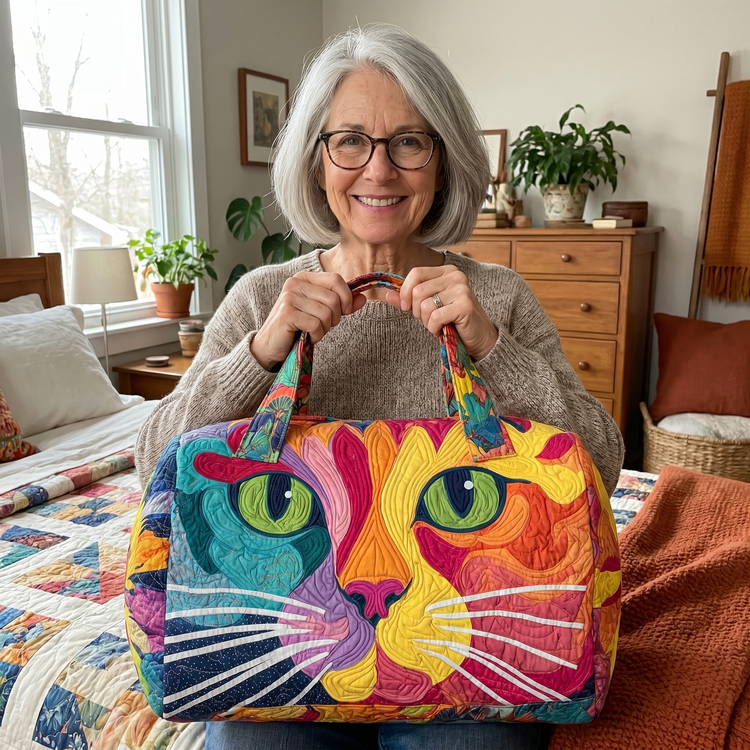Happy customer holding quilted duffel bag in bedroom