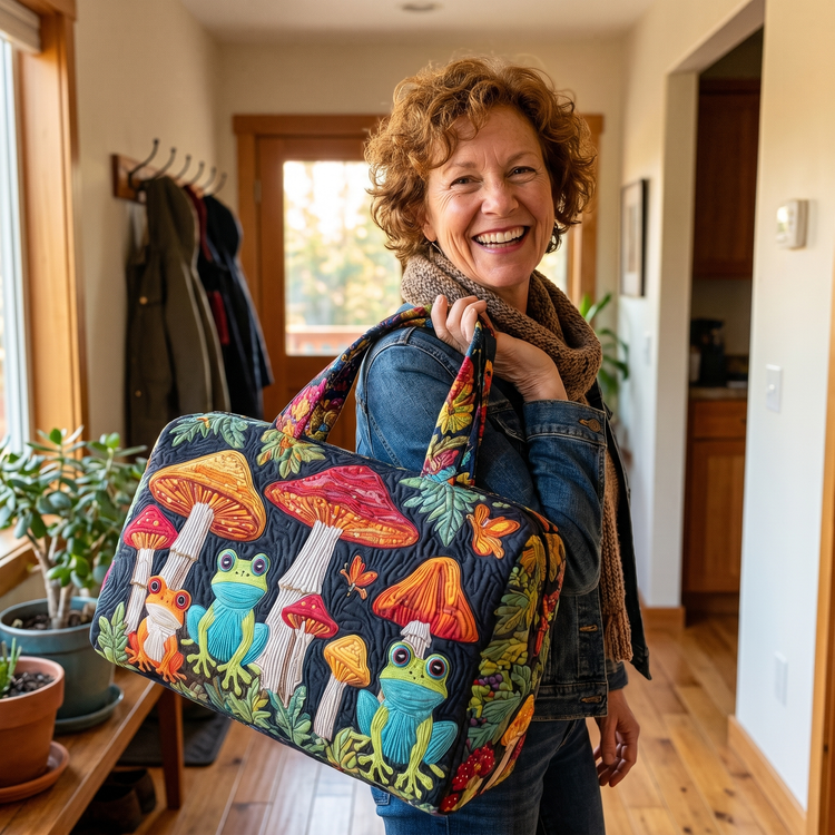 Customer showing quilted duffel bag in hallway