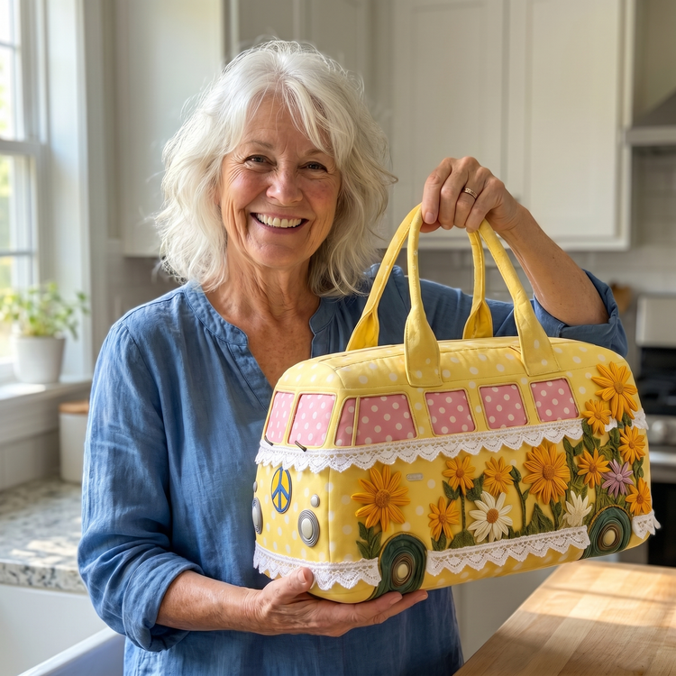 Joyful customer with quilted duffel bag in kitchen