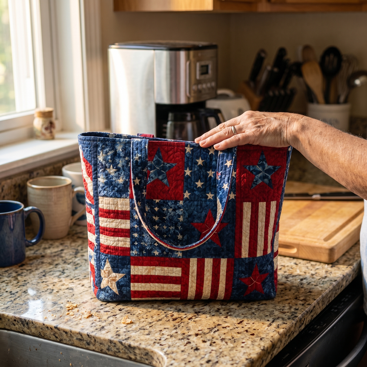 Customer review - patriotic quilted bag on counter