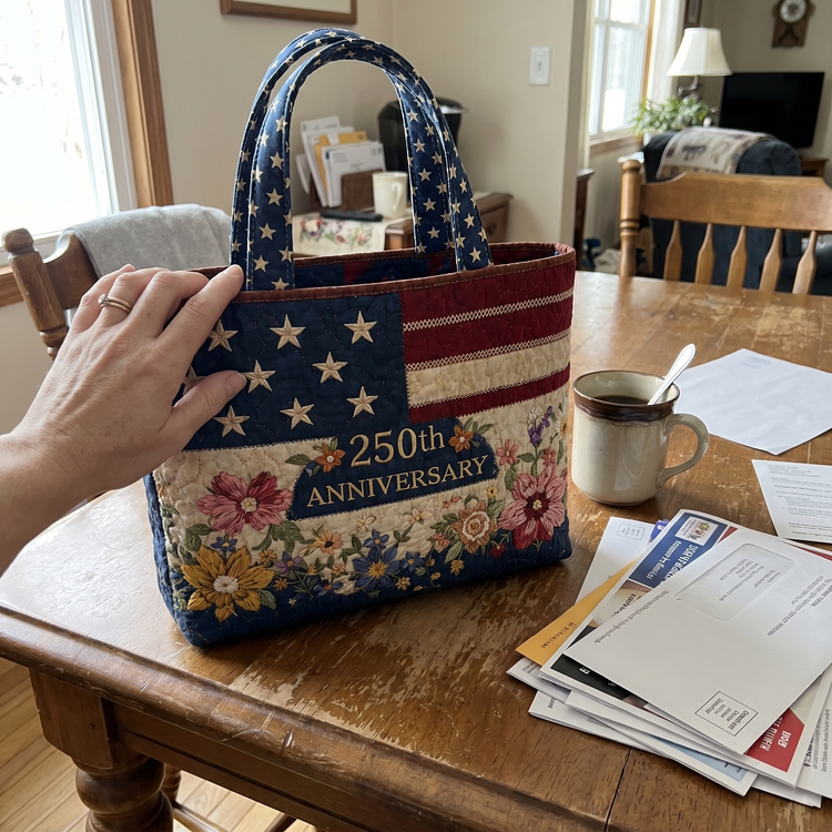 Customer review - patriotic quilted bag on table