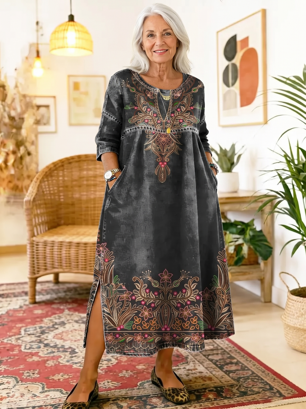Older woman wearing the Antonia printed dress, hands in the side pockets