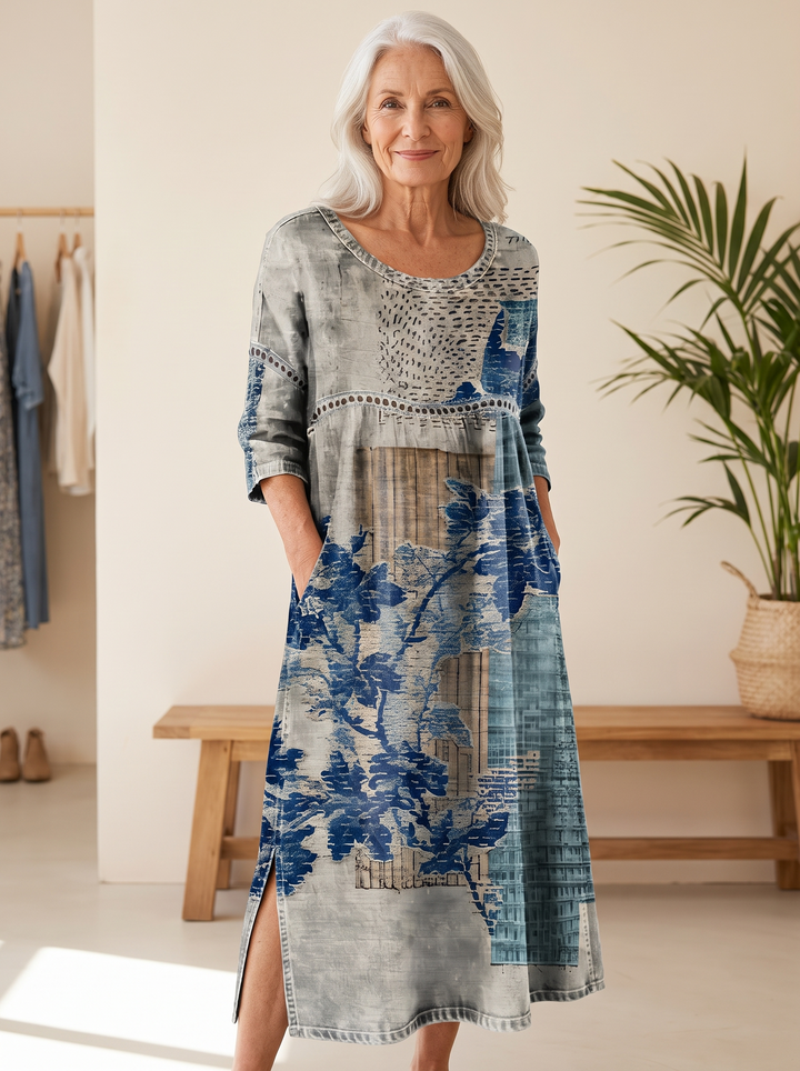Older woman wearing the Josefa floral printed dress, hands in the side pockets