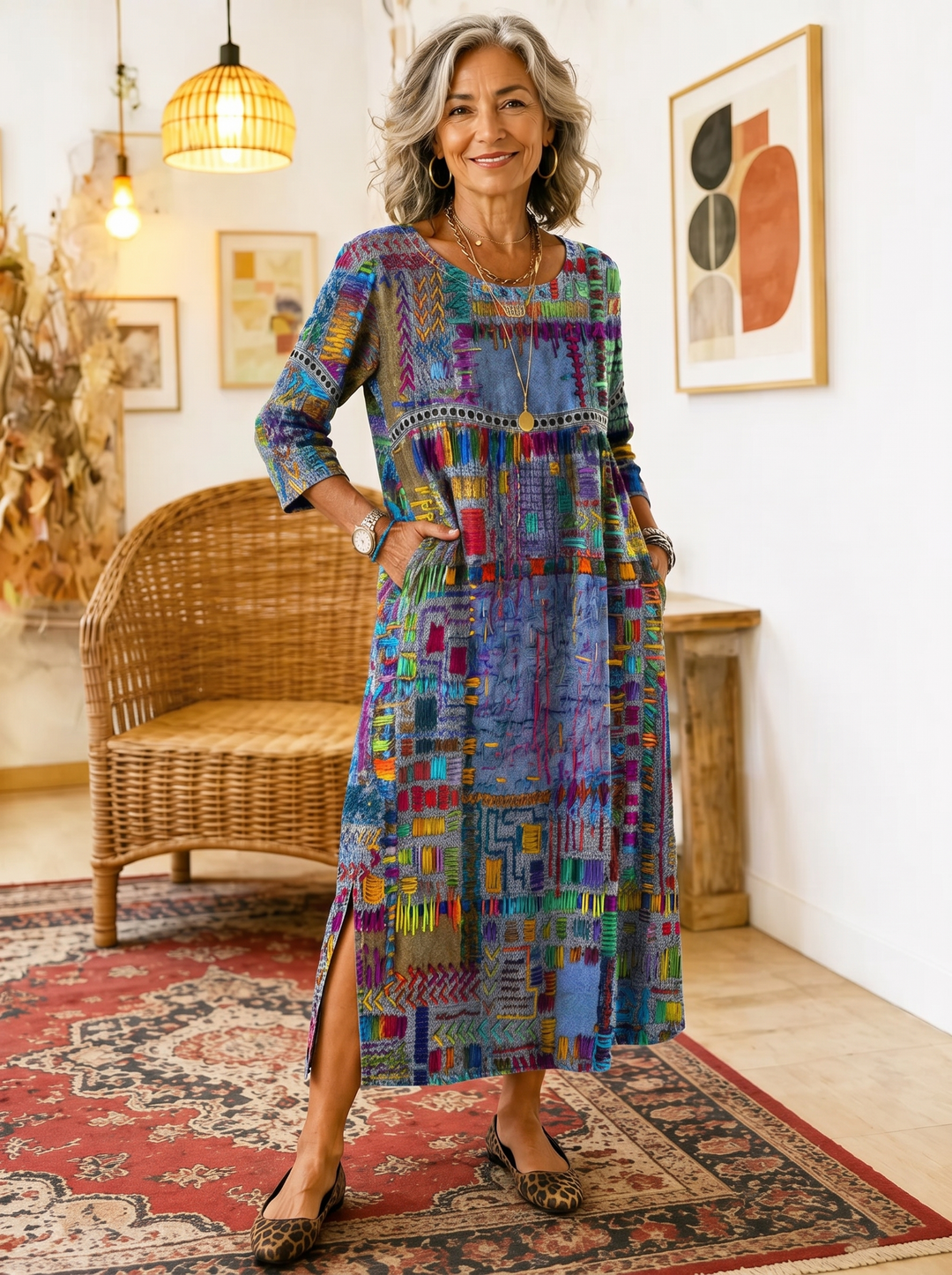 Older woman wearing the Manuela ethnic patchwork printed dress, hands in the side pockets